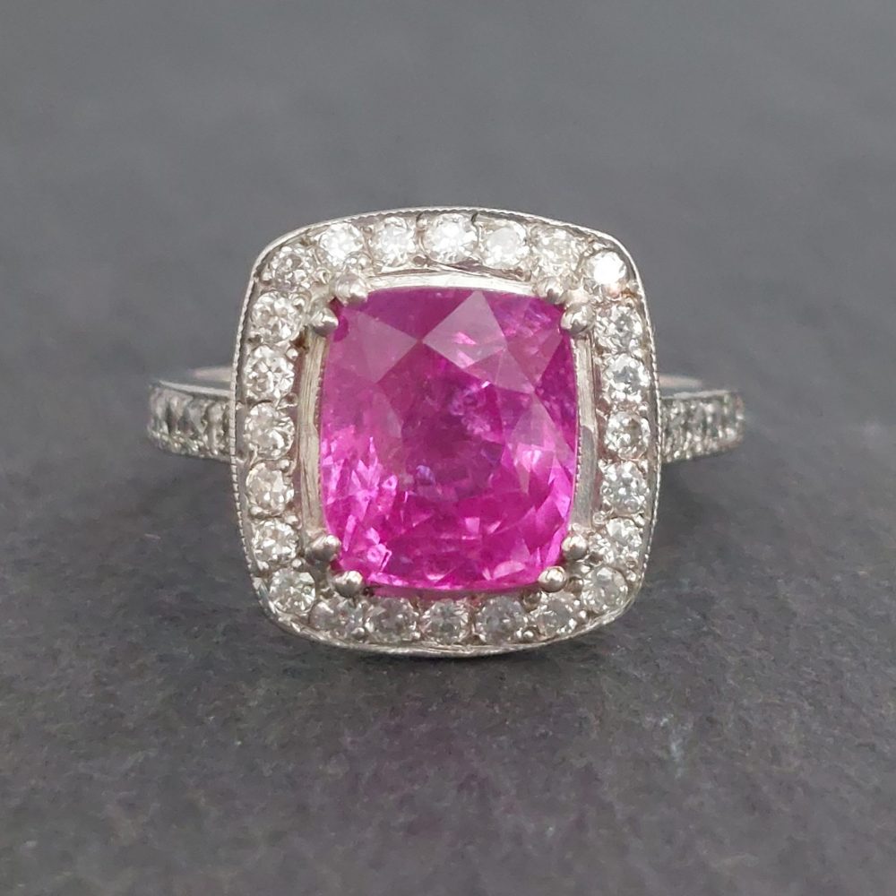 3.75ct Cushion Cut Pink Sapphire and Diamond Cluster Ring in Platinum