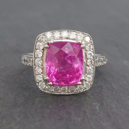 3.75ct Cushion Cut Pink Sapphire and Diamond Cluster Ring in Platinum