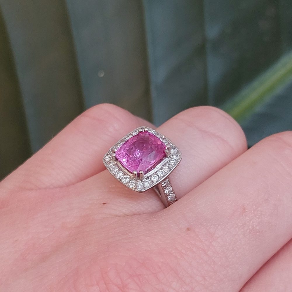 3.75ct Cushion Cut Pink Sapphire and Diamond Cluster Ring in Platinum