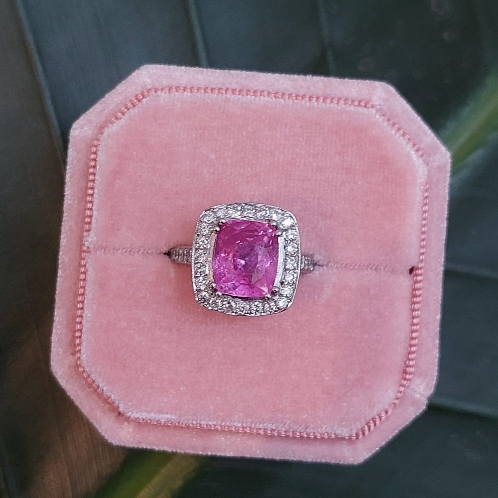 3.75ct Cushion Cut Pink Sapphire and Diamond Cluster Ring in Platinum