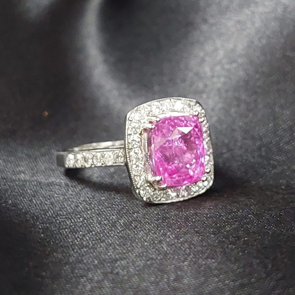 3.75ct Cushion Cut Pink Sapphire and Diamond Cluster Ring in Platinum