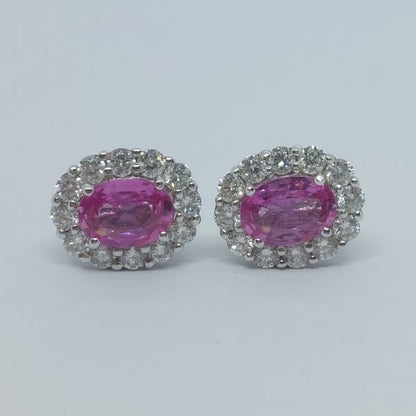 Vintage Pink Sapphire and Diamond Oval Cluster Stud Earrings