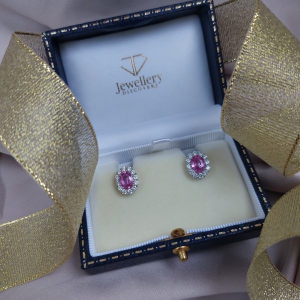 Vintage Pink Sapphire and Diamond Oval Cluster Stud Earrings