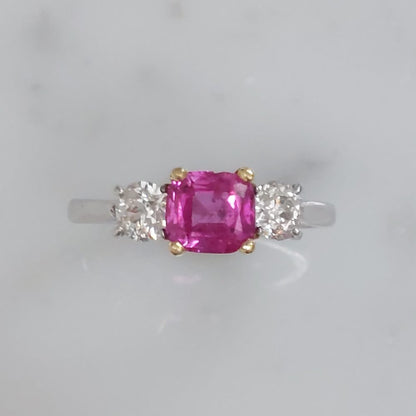 Pink Sapphire and Diamond Three Stone Ring, 1.50ct