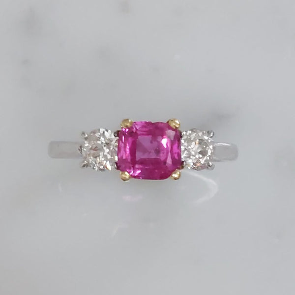 Pink Sapphire and Diamond Three Stone Ring, 1.50ct
