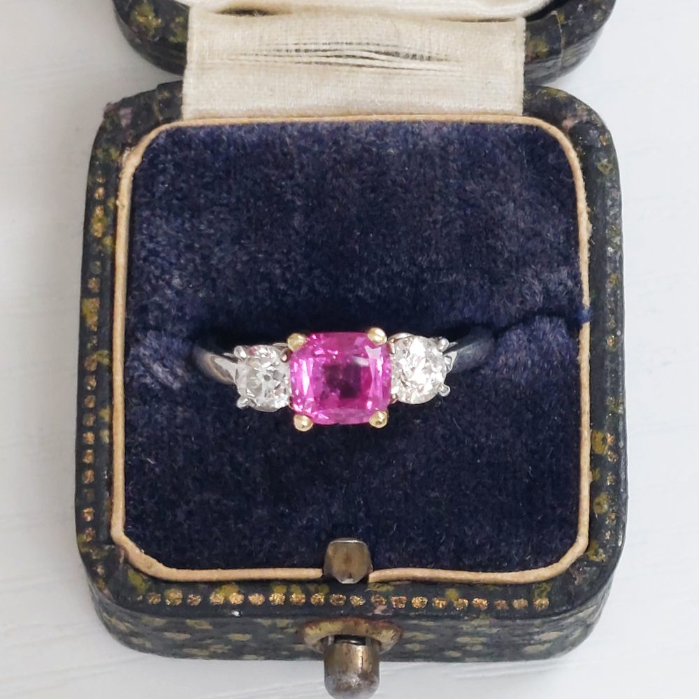 Pink Sapphire and Diamond Three Stone Ring, 1.50ct