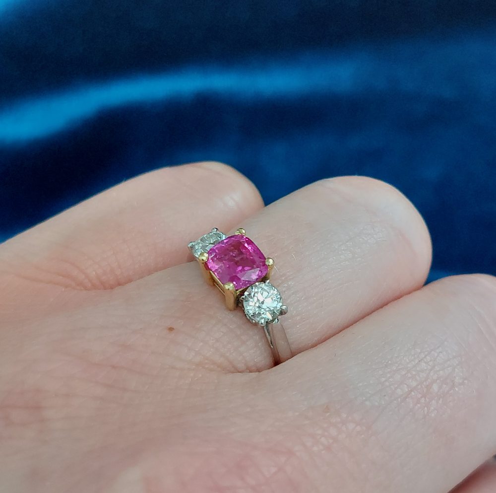 Pink Sapphire and Diamond Three Stone Ring, 1.50ct