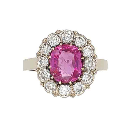 Pink sapphire and diamond engagement ring cluster cushion