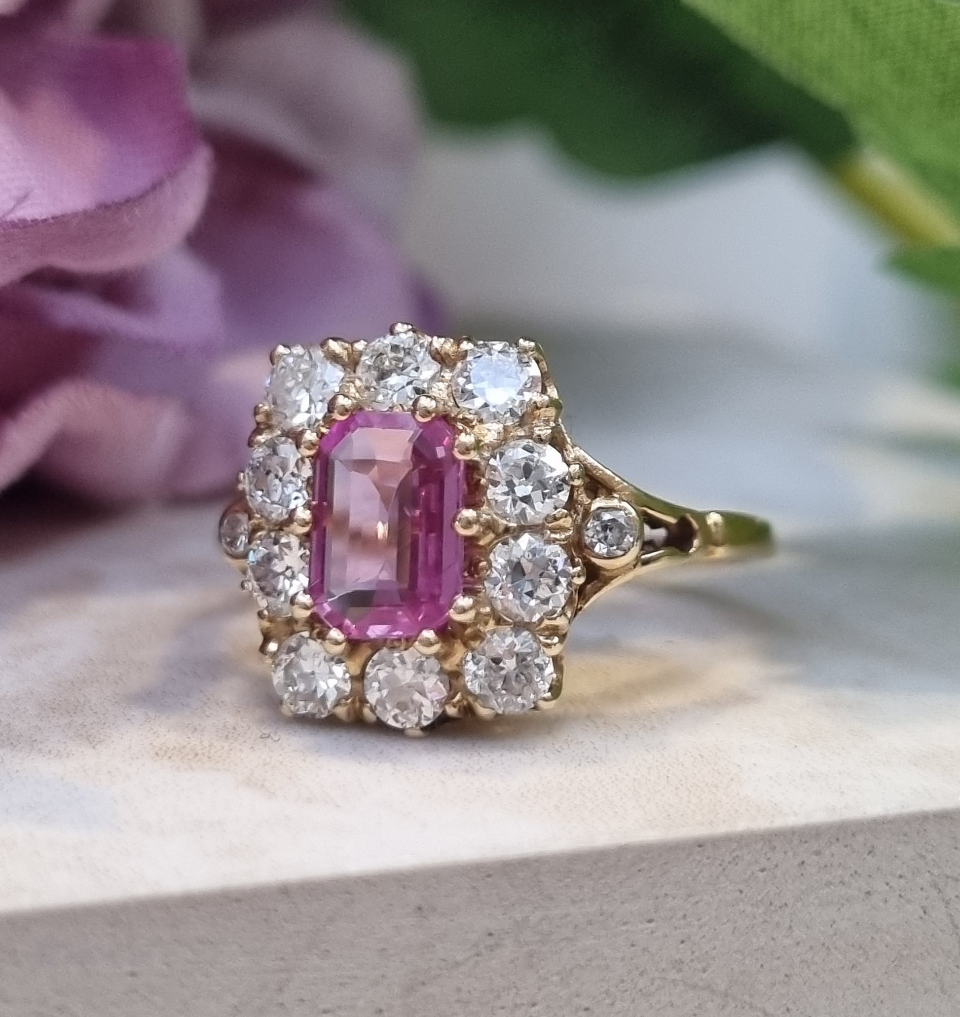 Pink sapphire and diamond cluster engagement ring UK 