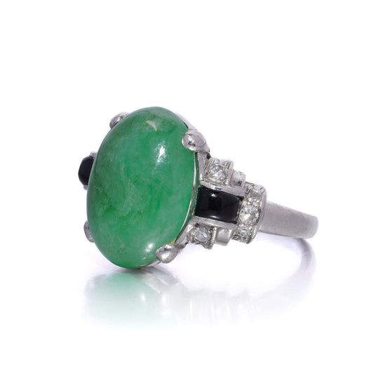 Natural No Heat 6.40ct Jadeite Jade Onyx and Diamond Ring in Platinum