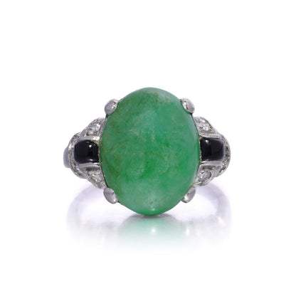 Natural No Heat 6.40ct Jadeite Jade Onyx and Diamond Ring in Platinum