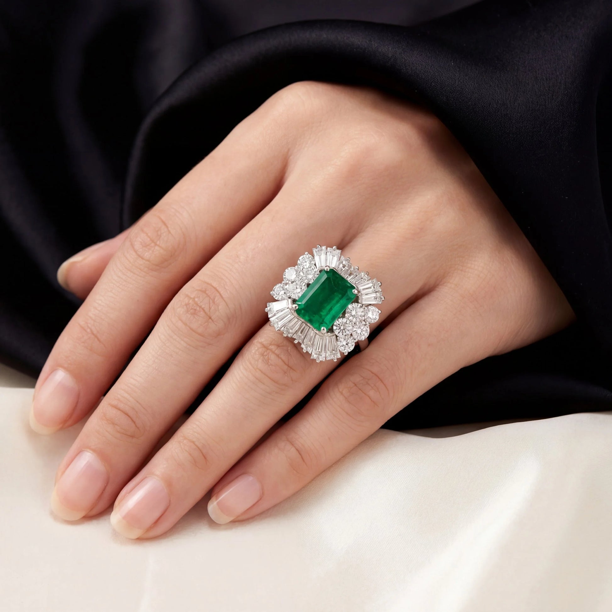 Platinum 3cts Colombian Emerald Diamond Cluster Ring