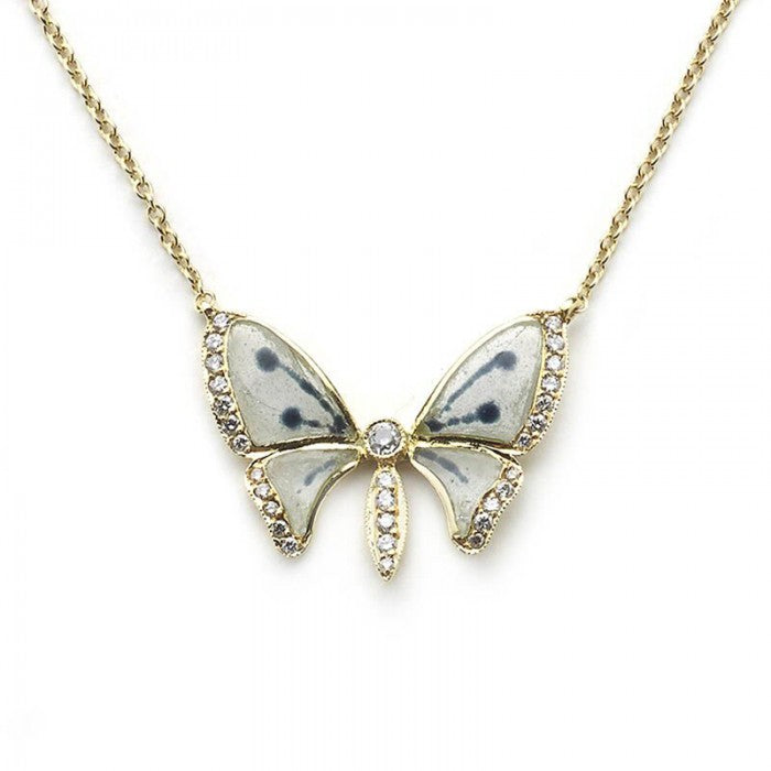 Plique à Jour Enamel Diamond Butterfly Pendant Necklace