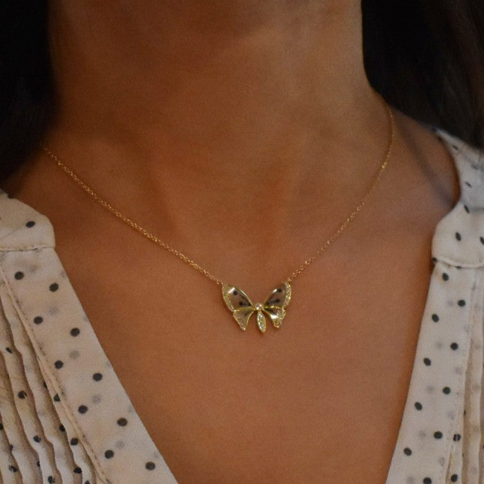 Plique à Jour Enamel Diamond Butterfly Pendant Necklace
