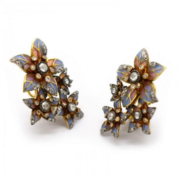 Plique à Jour Enamel and Diamond Flower Earrings