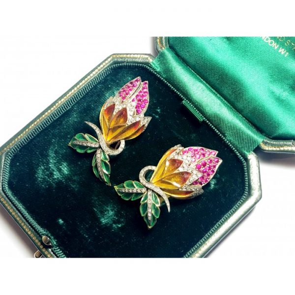 Plique-à-jour Enamel, Ruby and Diamond Flower Bud Earrings