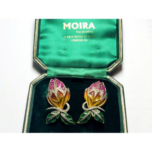 Plique-à-jour Enamel, Ruby and Diamond Flower Bud Earrings