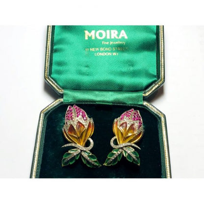 Plique-à-jour Enamel, Ruby and Diamond Flower Bud Earrings