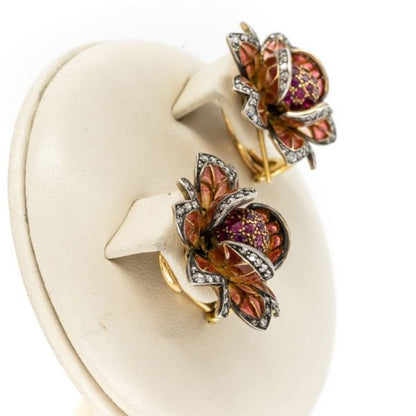 Plique á Jour Enamel and Ruby Flower Earrings