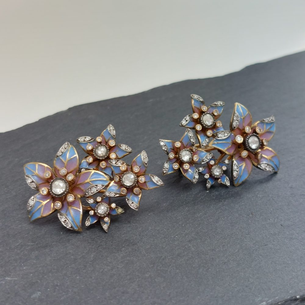 Plique à Jour Enamel and Diamond Flower Earrings