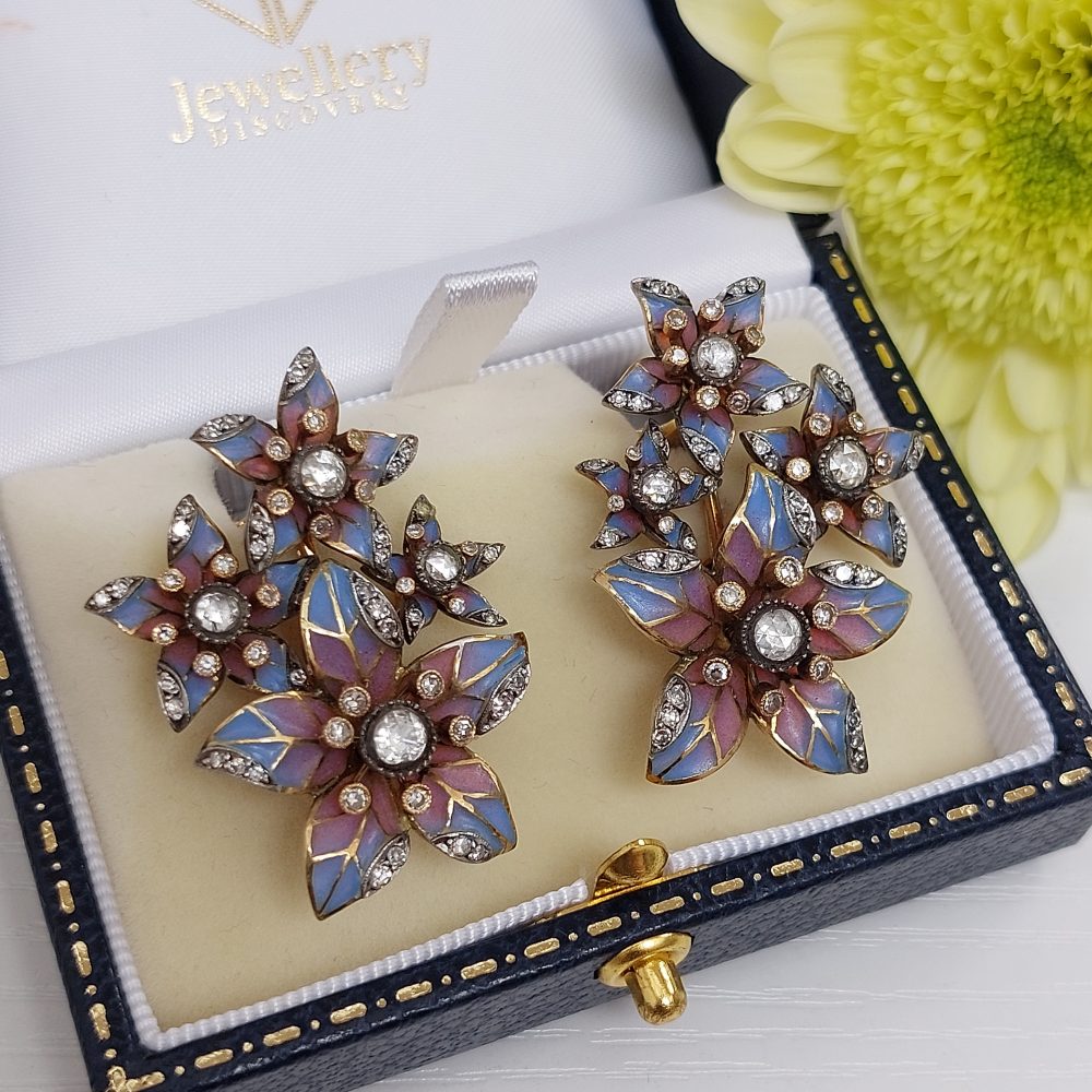 Plique à Jour Enamel and Diamond Flower Earrings
