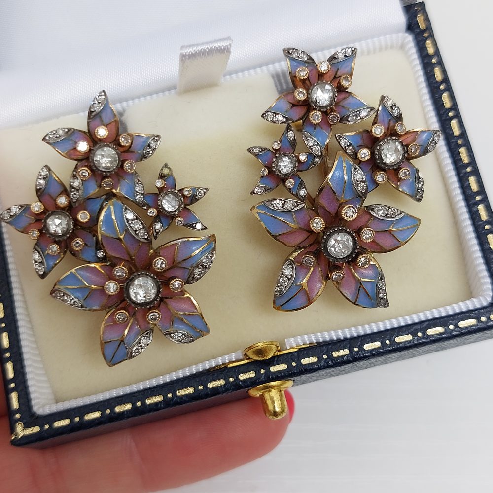 Plique à Jour Enamel and Diamond Flower Earrings