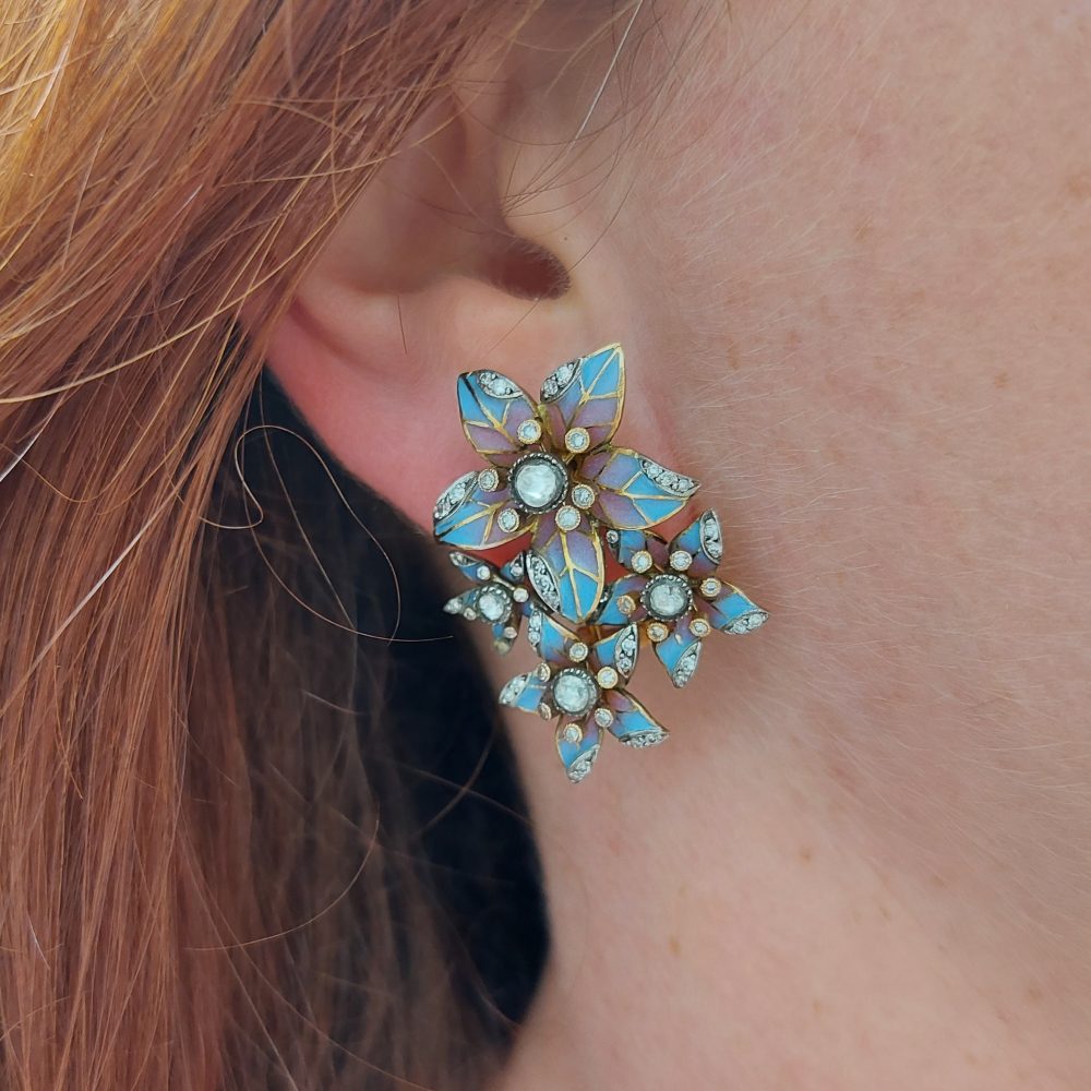Plique à Jour Enamel and Diamond Flower Earrings