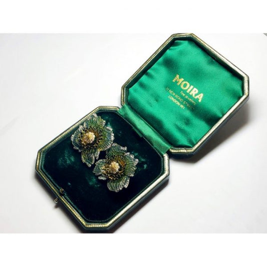 Plique-a-Jour Enamel and Diamond Poppy Flower Earrings