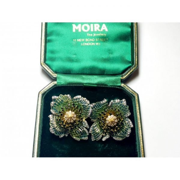 Plique-a-Jour Enamel and Diamond Poppy Flower Earrings