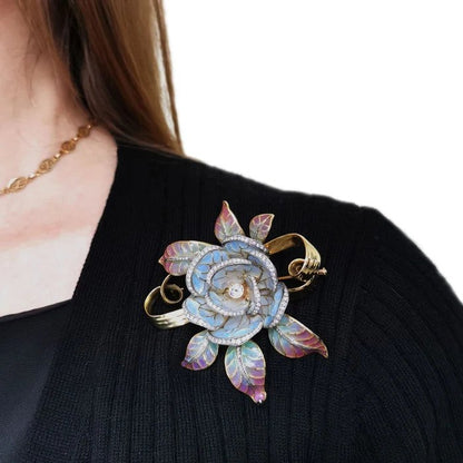 Plique a Jour Enamel and Diamond Flower Brooch, 1.44 carat total