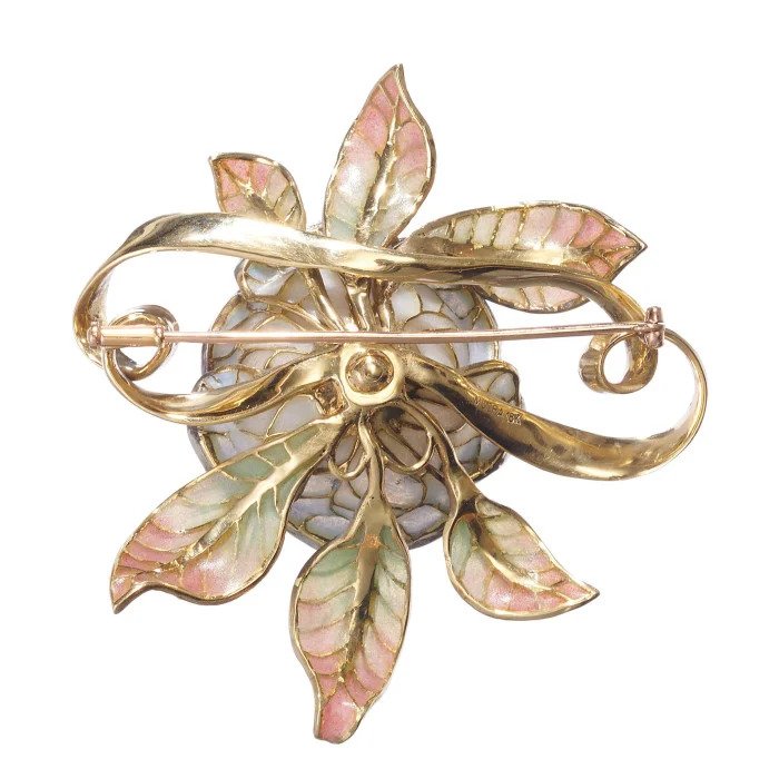 Plique a Jour Enamel and Diamond Flower Brooch, 1.44 carats