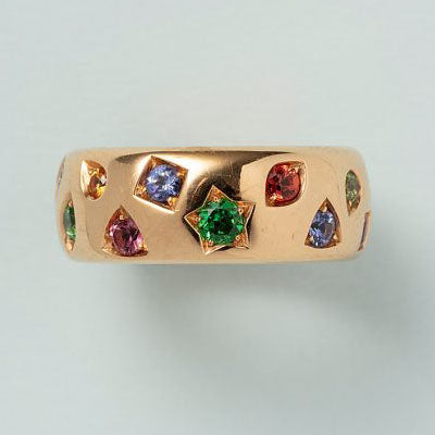 Pomellato Ionica 1T995 Multi Gemstone Set 18ct Yellow Gold Band Ring, 2.44cts pink tourmaline, orange sapphire, blue sapphire, tsavorite garnet, red spinel, blue zircon, tanzanite, demantoid garnet and amethyst