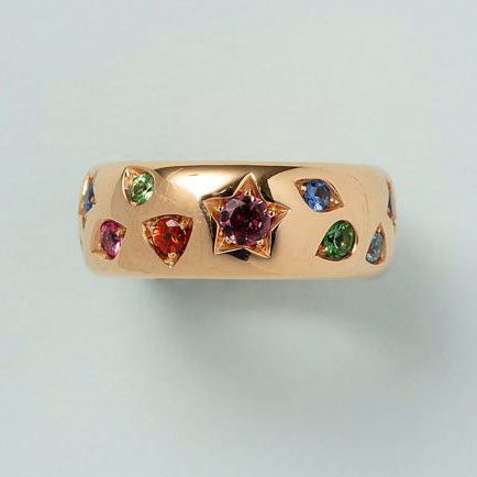 Pomellato Ionica 1T995 Multi Gemstone Set 18ct Yellow Gold Band Ring, 2.44cts pink tourmaline, orange sapphire, blue sapphire, tsavorite garnet, red spinel, blue zircon, tanzanite, demantoid garnet and amethyst