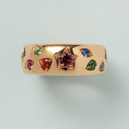 Pomellato Ionica 1T995 Multi Gemstone Set 18ct Yellow Gold Band Ring, 2.44cts pink tourmaline, orange sapphire, blue sapphire, tsavorite garnet, red spinel, blue zircon, tanzanite, demantoid garnet and amethyst