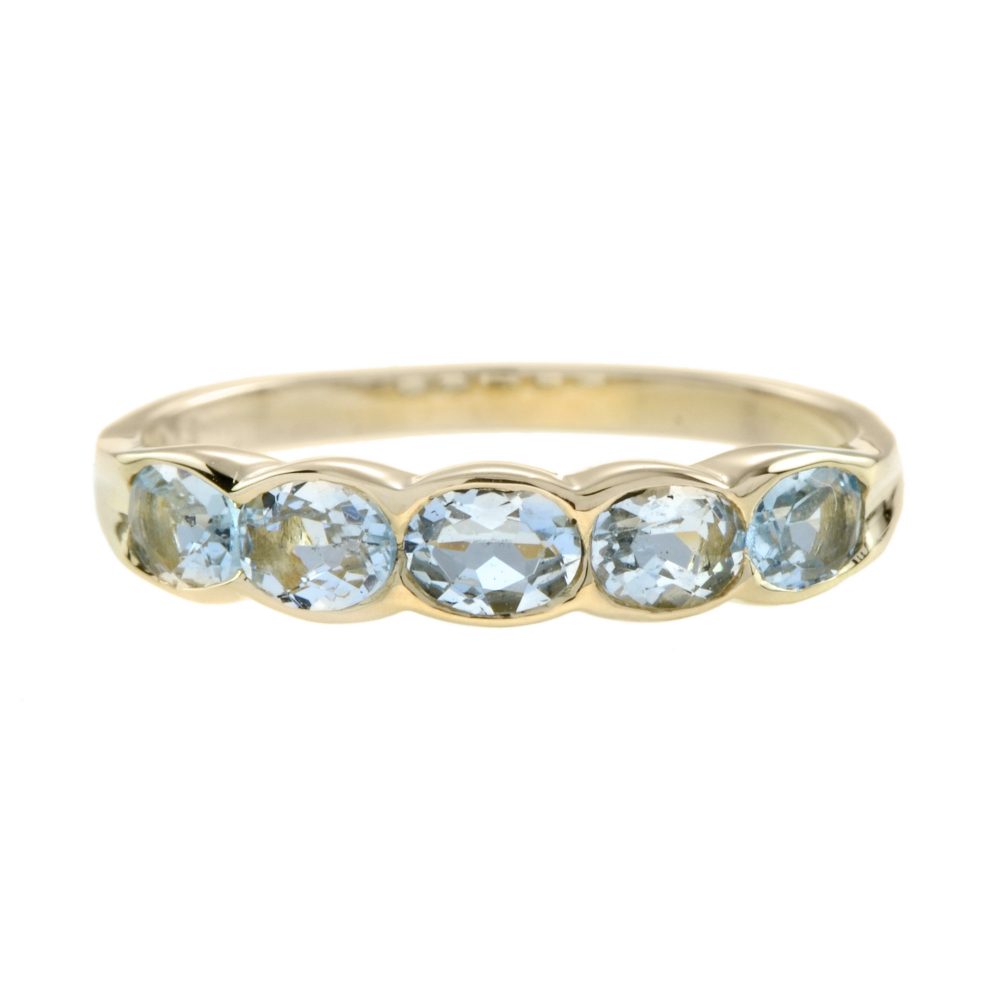 Aquamarine Five Stone Ring in Yellow Gold, 1.25 carat total
