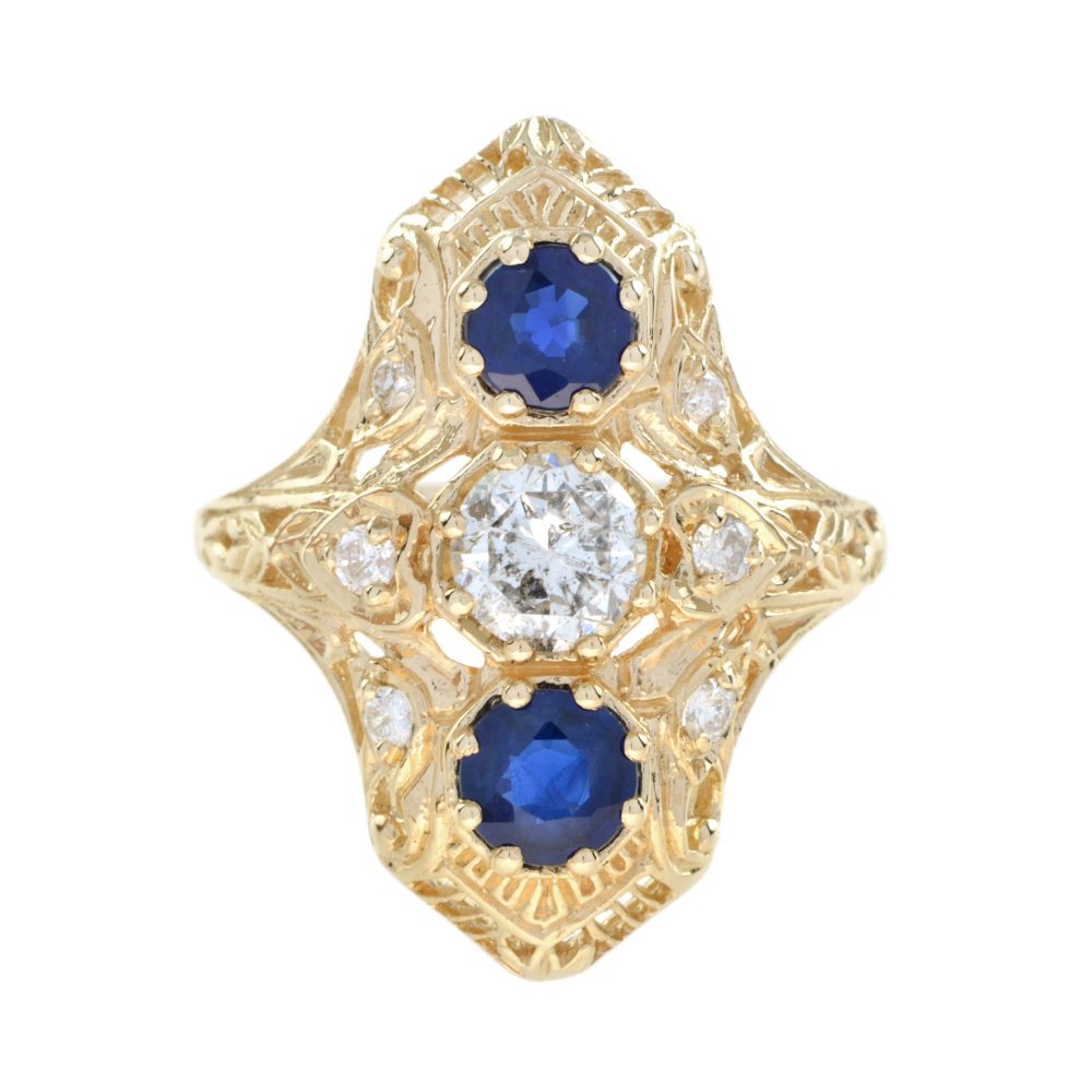 Antique Style Old Cut Diamond and Sapphire Three Stone Plaque Ring