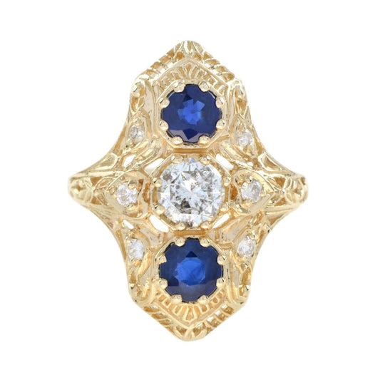 Antique Style Old Cut Diamond and Sapphire Three Stone Plaque Ring