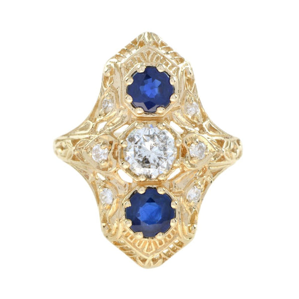 Antique Style Old Cut Diamond and Sapphire Three Stone Plaque Ring