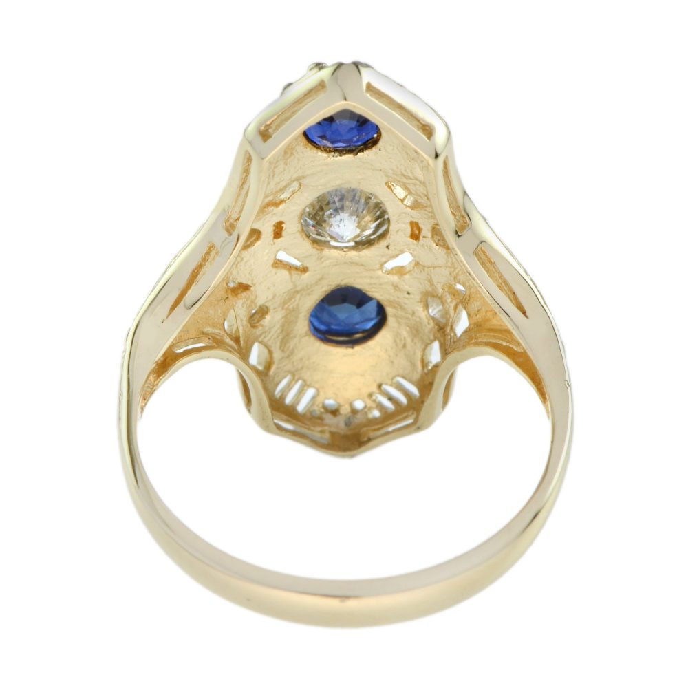 Antique Style Old Cut Diamond and Sapphire Three Stone Plaque Ring