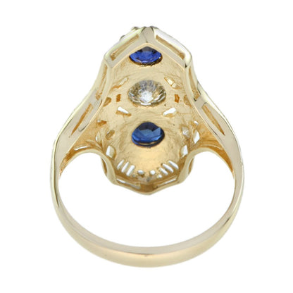 Antique Style Old Cut Diamond and Sapphire Three Stone Plaque Ring