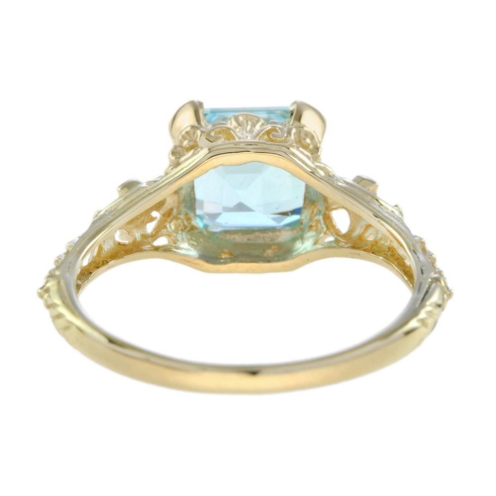 2.7ct Octagonal Cut Blue Topaz and Yellow Gold Filigree Ring