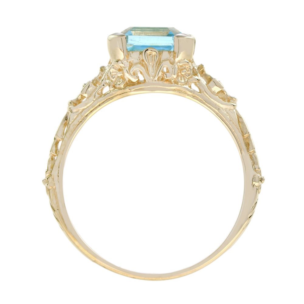 2.7ct Octagonal Cut Blue Topaz and Yellow Gold Filigree Ring