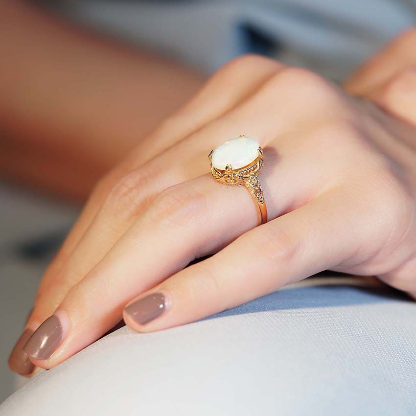 Opal Solitaire Statement Ring in Filigree Yellow Gold