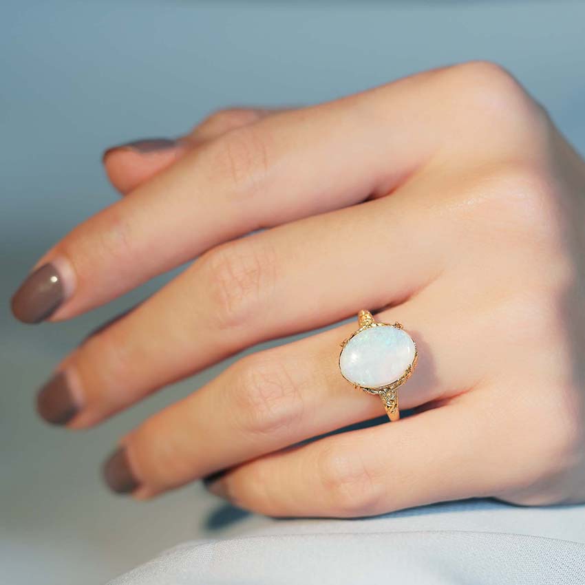 Opal Solitaire Statement Ring in Filigree Yellow Gold