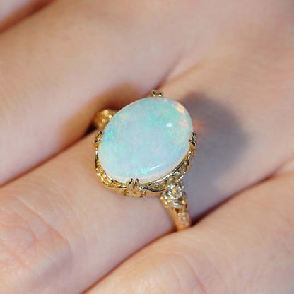 Opal Solitaire Statement Ring in Filigree Yellow Gold