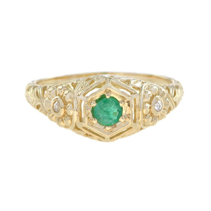 Emerald and Diamond Filigree Ring in Yellow Gold