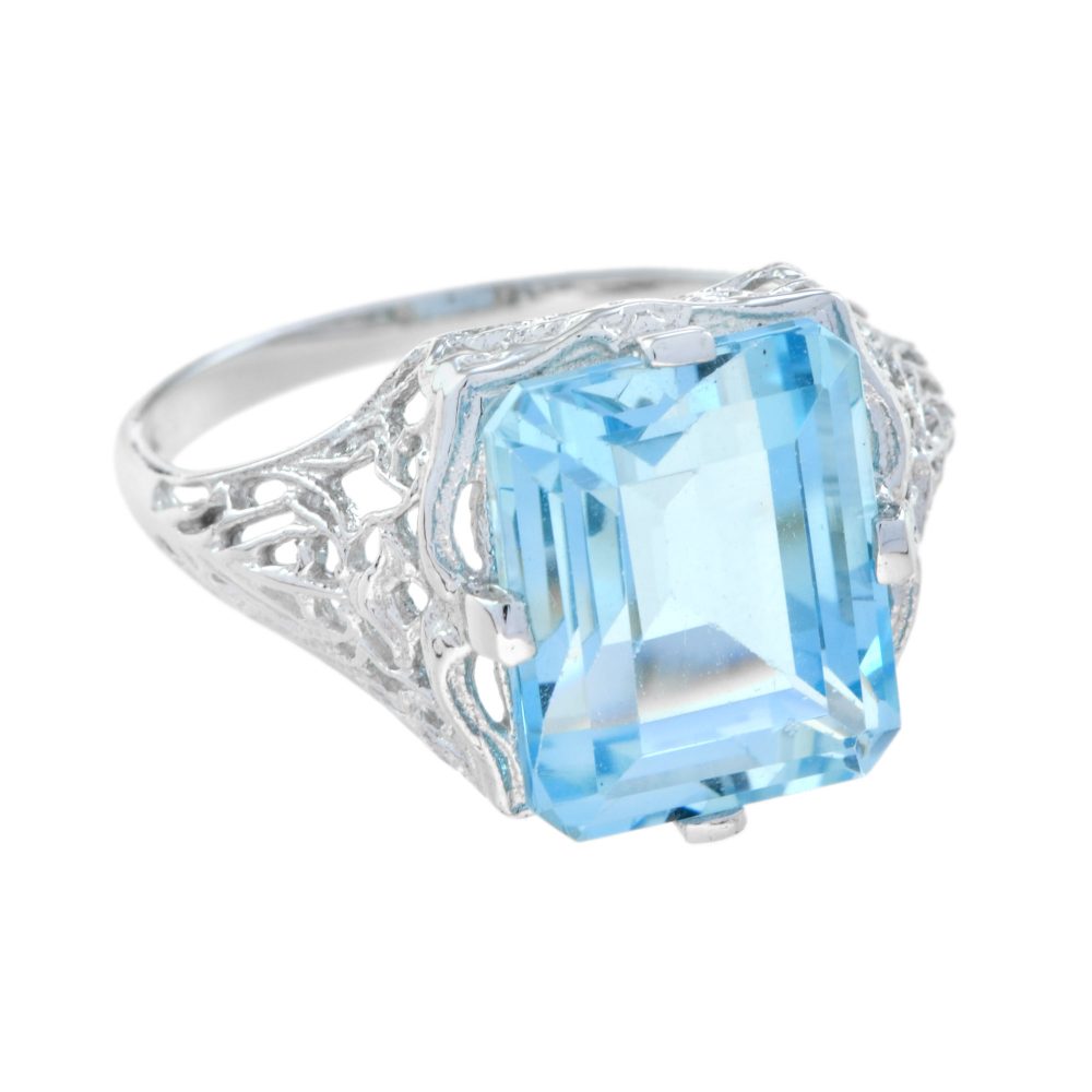 5.70ct Emerald Cut Blue Topaz Filigree Cocktail Ring