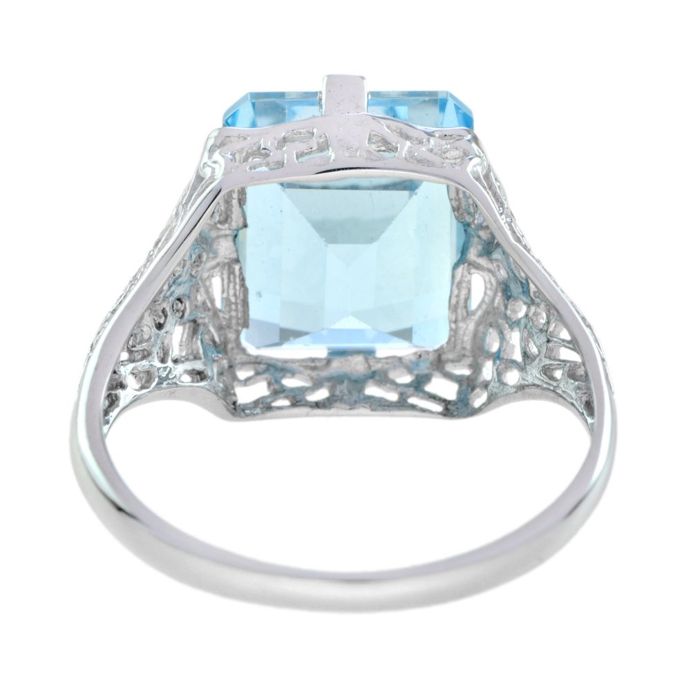 5.70ct Emerald Cut Blue Topaz Filigree Cocktail Ring