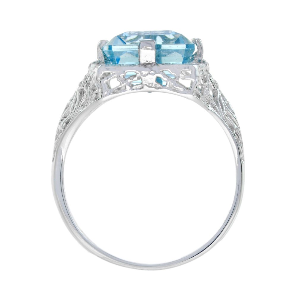5.70ct Emerald Cut Blue Topaz Filigree Cocktail Ring