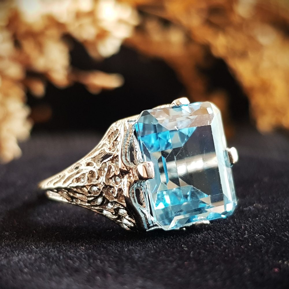 5.70ct Emerald Cut Blue Topaz Filigree Cocktail Ring